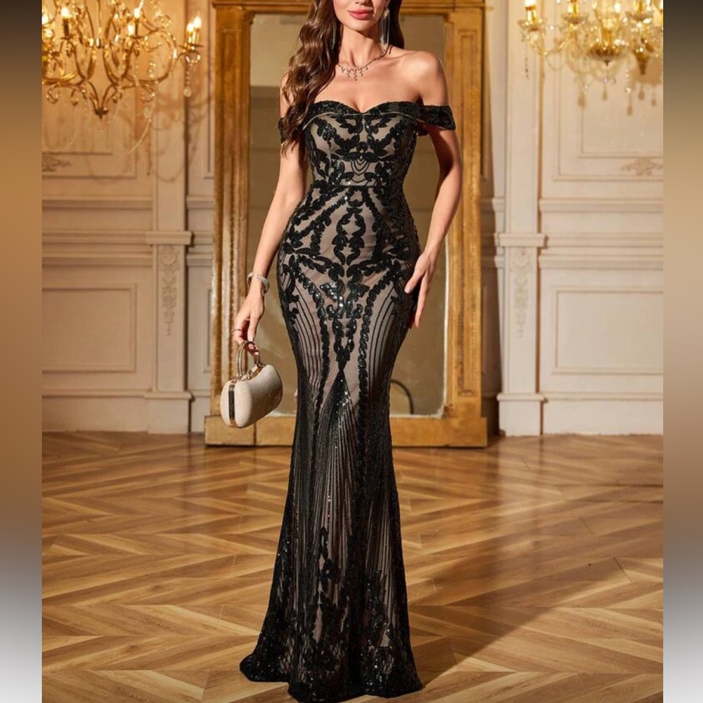 Luxe black off shoulder party formal evening prom maxi dress